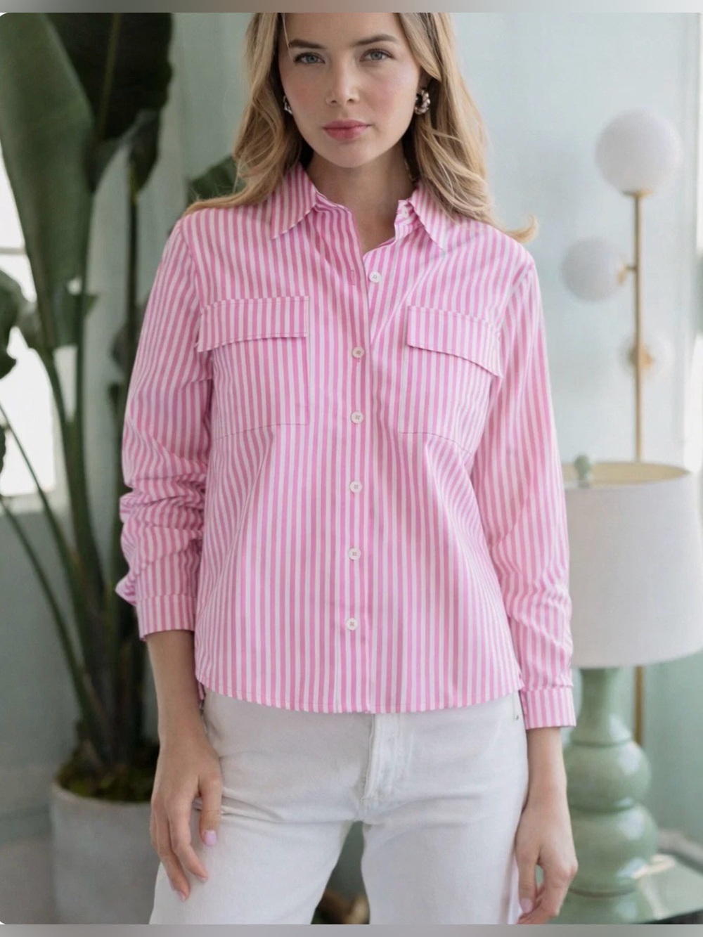 Joh Pink Stripe Button-Up Shirt w/ Back Pleats
